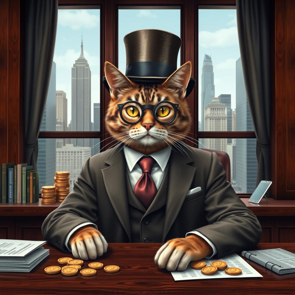 A sophisticated cat dressed in a custom-tailored business suit, complete with a monocle and a top hat, symbolizing capitalism