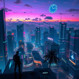 A futuristic cityscape at night, showcasing towering skyscrapers with neon lights, bustling streets with flying cars, and holographic advertisements