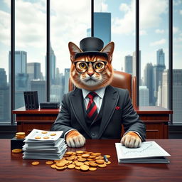 A sophisticated cat dressed in a custom-tailored business suit, complete with a monocle and a top hat, symbolizing capitalism