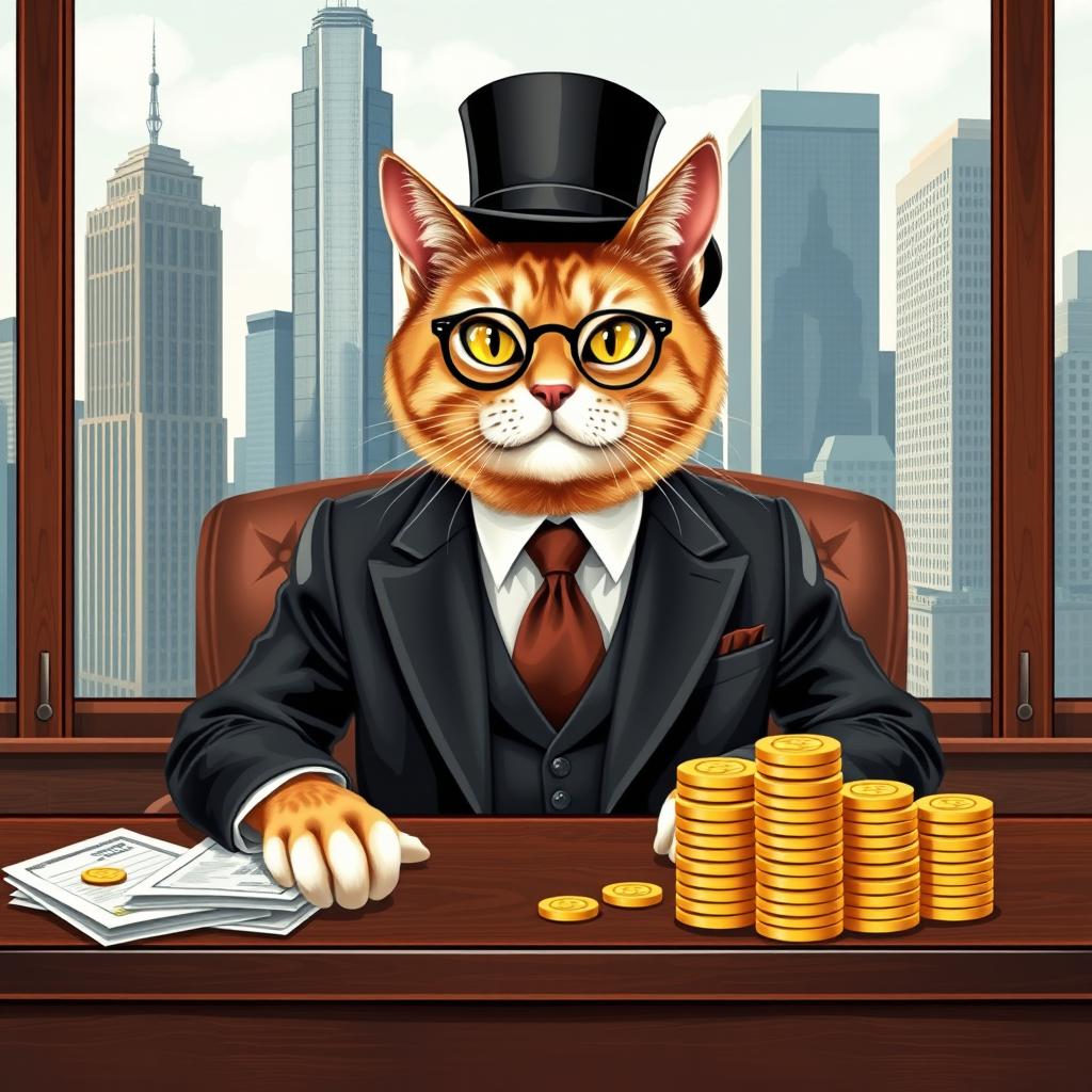 A sophisticated cat dressed in a custom-tailored business suit, complete with a monocle and a top hat, symbolizing capitalism