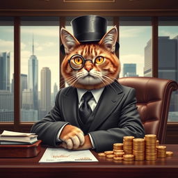 A sophisticated cat dressed in a custom-tailored business suit, complete with a monocle and a top hat, symbolizing capitalism