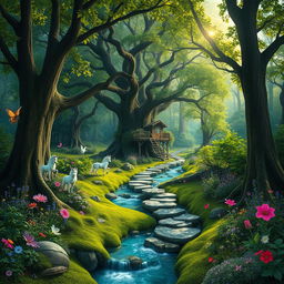 A mystical forest landscape filled with vibrant flora and fauna