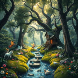 A mystical forest landscape filled with vibrant flora and fauna