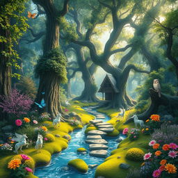 A mystical forest landscape filled with vibrant flora and fauna