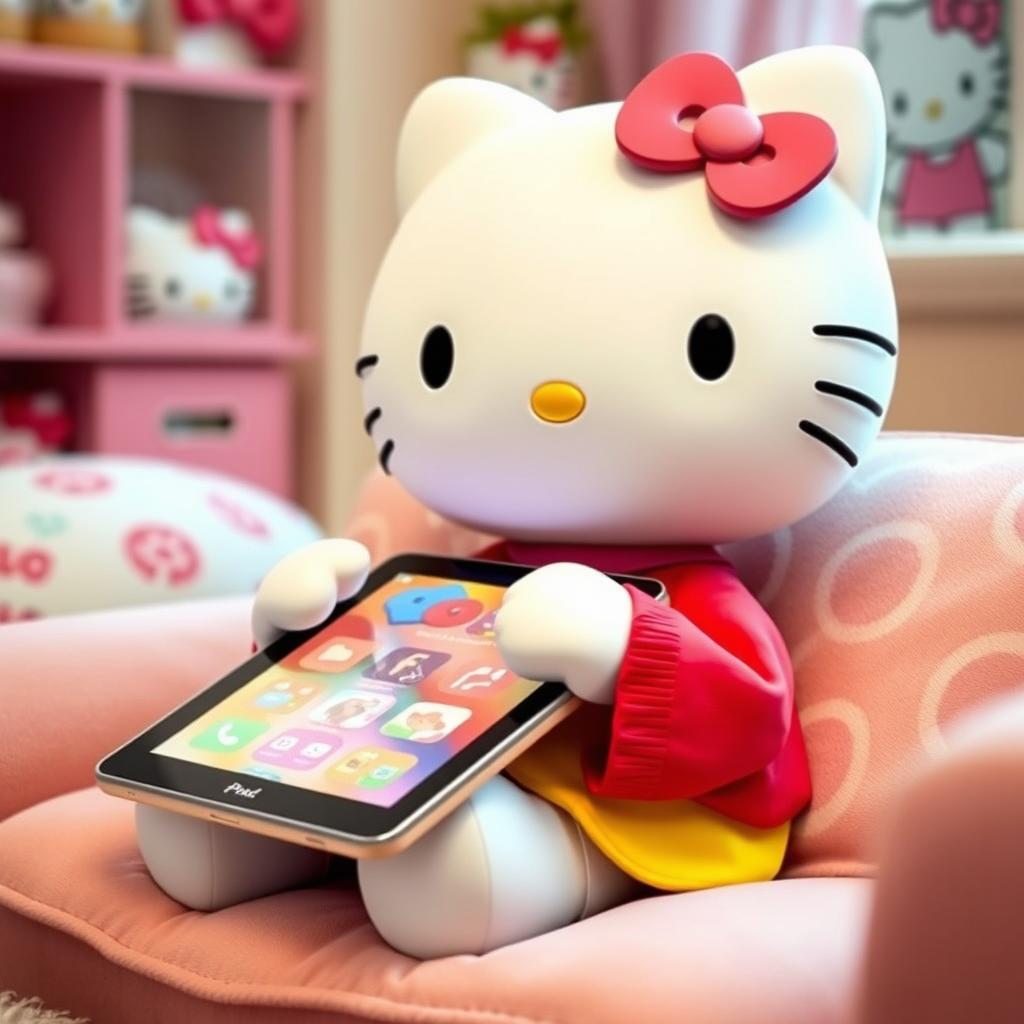 A cute Hello Kitty character using an iPad, sitting comfortably in a cozy room