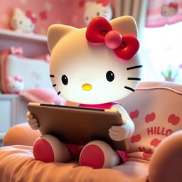 A cute Hello Kitty character using an iPad, sitting comfortably in a cozy room