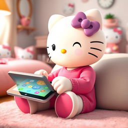 A cute Hello Kitty character using an iPad, sitting comfortably in a cozy room