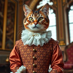 A refined cat elegantly dressed in Renaissance clothing, featuring a richly embroidered doublet with intricate patterns and lush velvet fabric