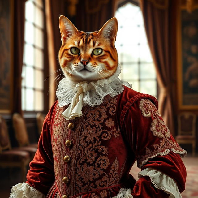 A refined cat elegantly dressed in Renaissance clothing, featuring a richly embroidered doublet with intricate patterns and lush velvet fabric