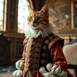 A refined cat elegantly dressed in Renaissance clothing, featuring a richly embroidered doublet with intricate patterns and lush velvet fabric