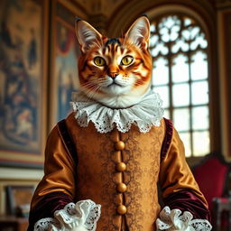 A refined cat elegantly dressed in Renaissance clothing, featuring a richly embroidered doublet with intricate patterns and lush velvet fabric