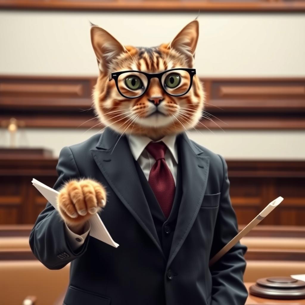 A distinguished cat acting as a lawyer, dressed in a sharp, tailored suit with a stylish tie