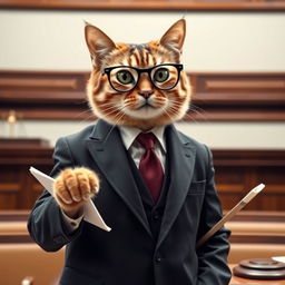 A distinguished cat acting as a lawyer, dressed in a sharp, tailored suit with a stylish tie