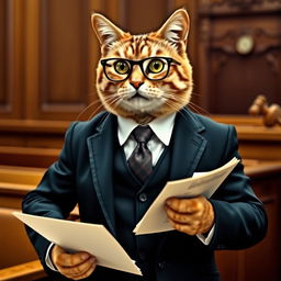 A distinguished cat acting as a lawyer, dressed in a sharp, tailored suit with a stylish tie