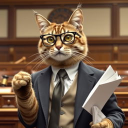 A distinguished cat acting as a lawyer, dressed in a sharp, tailored suit with a stylish tie