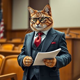 A distinguished cat acting as a lawyer, dressed in a sharp, tailored suit with a stylish tie