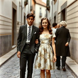 A young couple, around 20 years old, depicting a white girl and a black boy during the 1960s in Portugal