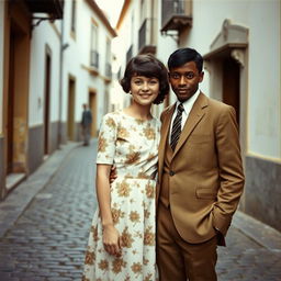 A young couple, around 20 years old, depicting a white girl and a black boy during the 1960s in Portugal