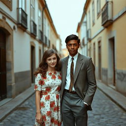 A young couple, around 20 years old, depicting a white girl and a black boy during the 1960s in Portugal