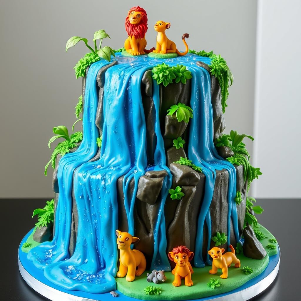 A stunning cake featuring a realistic waterfall design, inspired by the animated movie "The Lion King"