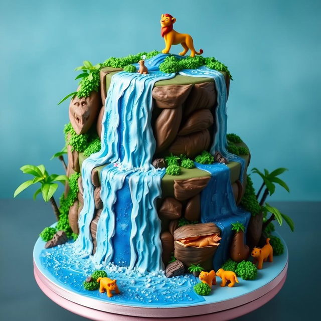 A stunning cake featuring a realistic waterfall design, inspired by the animated movie "The Lion King"