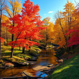 A tranquil forest scene during autumn, with trees showcasing vibrant red, orange, and yellow leaves