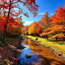 A tranquil forest scene during autumn, with trees showcasing vibrant red, orange, and yellow leaves