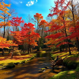 A tranquil forest scene during autumn, with trees showcasing vibrant red, orange, and yellow leaves