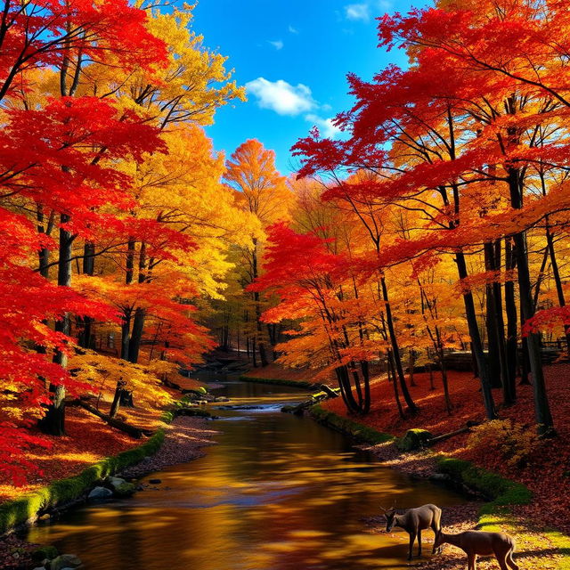 A tranquil forest scene during autumn, with trees showcasing vibrant red, orange, and yellow leaves