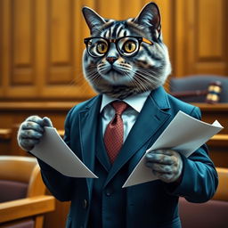 A distinguished cat acting as a lawyer, dressed in a sharp, tailored suit with a stylish tie