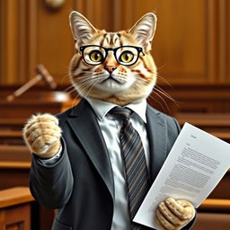 A distinguished cat acting as a lawyer, dressed in a sharp, tailored suit with a stylish tie