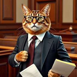 A distinguished cat acting as a lawyer, dressed in a sharp, tailored suit with a stylish tie