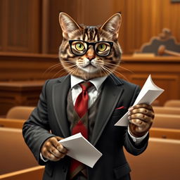 A distinguished cat acting as a lawyer, dressed in a sharp, tailored suit with a stylish tie