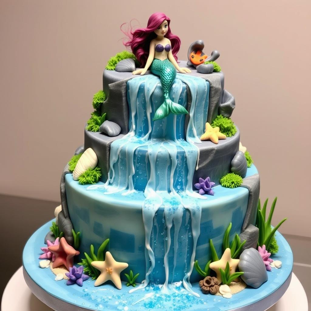 A stunning cake featuring a realistic waterfall design, with a whimsical mermaid theme