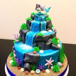 A stunning cake featuring a realistic waterfall design, with a whimsical mermaid theme