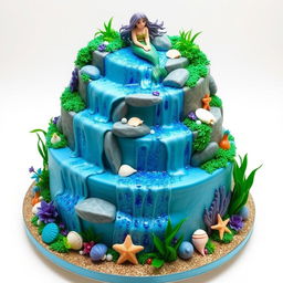 A stunning cake featuring a realistic waterfall design, with a whimsical mermaid theme