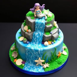 A stunning cake featuring a realistic waterfall design, with a whimsical mermaid theme