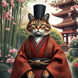 A stately cat dressed in traditional feudal attire, featuring a layered kimono with intricate patterns and a wide obi belt, reminiscent of the Japanese feudal period