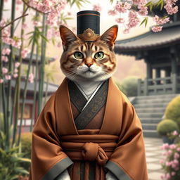 A stately cat dressed in traditional feudal attire, featuring a layered kimono with intricate patterns and a wide obi belt, reminiscent of the Japanese feudal period