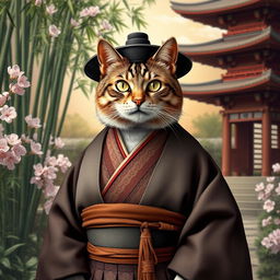 A stately cat dressed in traditional feudal attire, featuring a layered kimono with intricate patterns and a wide obi belt, reminiscent of the Japanese feudal period