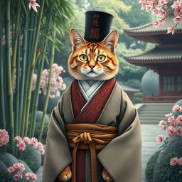 A stately cat dressed in traditional feudal attire, featuring a layered kimono with intricate patterns and a wide obi belt, reminiscent of the Japanese feudal period