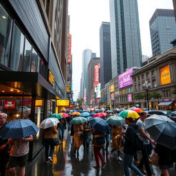 A vibrant cityscape during a rainy evening, capturing the hustle and bustle of city life