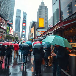 A vibrant cityscape during a rainy evening, capturing the hustle and bustle of city life