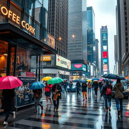 A vibrant cityscape during a rainy evening, capturing the hustle and bustle of city life