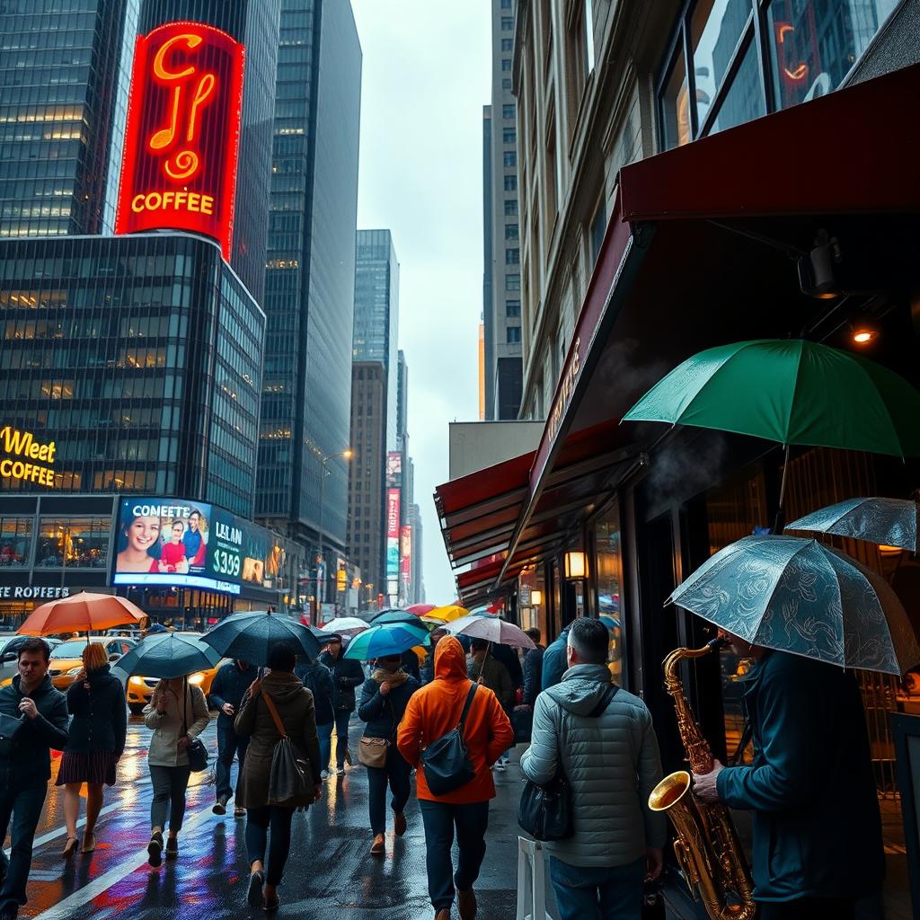 A vibrant cityscape during a rainy evening, capturing the hustle and bustle of city life