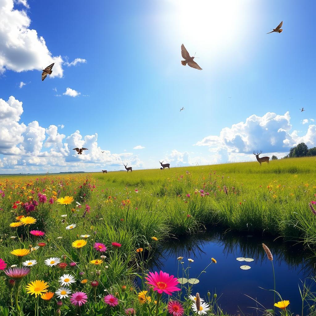 A sunlit meadow teeming with vibrant wildflowers and butterflies gently flitting about