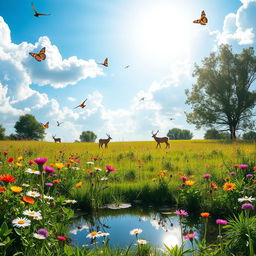 A sunlit meadow teeming with vibrant wildflowers and butterflies gently flitting about