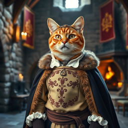 An elegant cat dressed in typical European feudal attire, featuring a finely crafted tunic with decorative embroidery and a fur-trimmed cloak