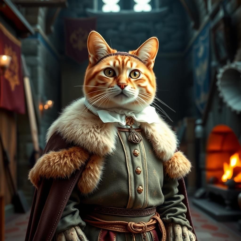 An elegant cat dressed in typical European feudal attire, featuring a finely crafted tunic with decorative embroidery and a fur-trimmed cloak