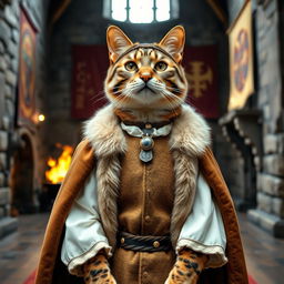 An elegant cat dressed in typical European feudal attire, featuring a finely crafted tunic with decorative embroidery and a fur-trimmed cloak